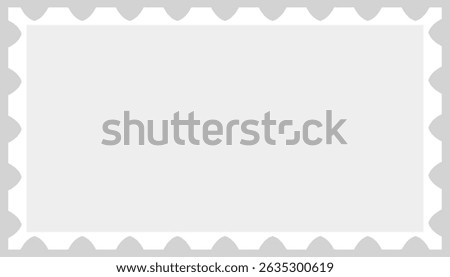 Empty post stamp. Postage perforated label. Mail stamp. Postal rectangular frame. White paper postmark isolated on gray background. Vector illustration,