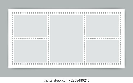 Empty post stamp set. Collection paper postmarks. Postal shapes border for mail letter. Postage stamps set. Blank frames isolated on gray background. Vector illustration.