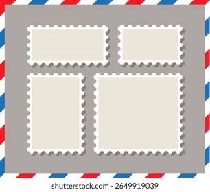 Empty post stamp set. Sale coupons template with perforated borders. Postal stickers collection. Paper postmarks for mail letter. Postage stamps. Vector illustration.