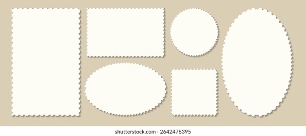Empty postage post stamps set template in square rectangle shapes. Blank frames for mail letter. Postage perforated templates. Collection paper postmarks isolated on background. Flat design.