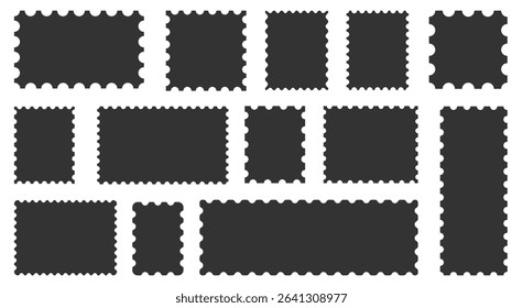 Empty Postage Stamps and Border Shapes. Paper Postmark Set in a vector black silhouettes