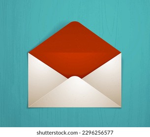 Empty postal envelope over wooden background realistic vector paper illustration, graphic design element message greeting mail mockup.