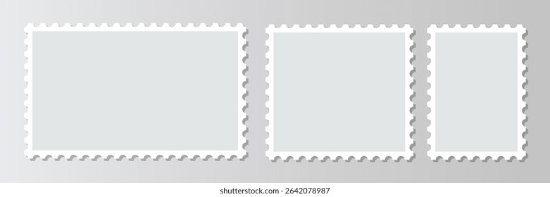 Empty postal shapes border set included. Post stamp is shown alongside blank frames of postage stamps, with a collection of paper postmarks suitable for mailing letters. Vector illustration