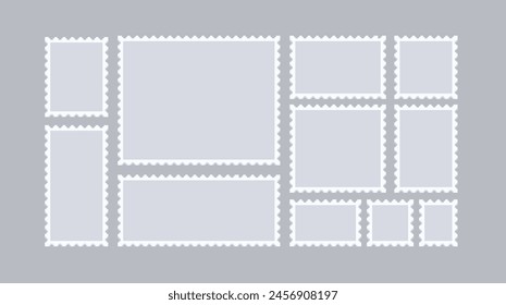 Empty postal stamp pixel art set. Philately frame collection. 8 bit. Game development, mobile app. Isolated vector illustration. 