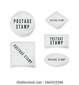 Empty postal stamp template with shadow and perforated border. Blank postage stamp for your design. Vector illustration isolated on white background