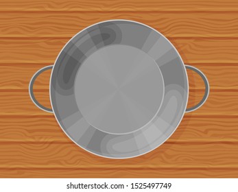 Empty pot on brown wood background. Vector illustration. Cartoon style. Template. Object for packaging, advertisements, menu.