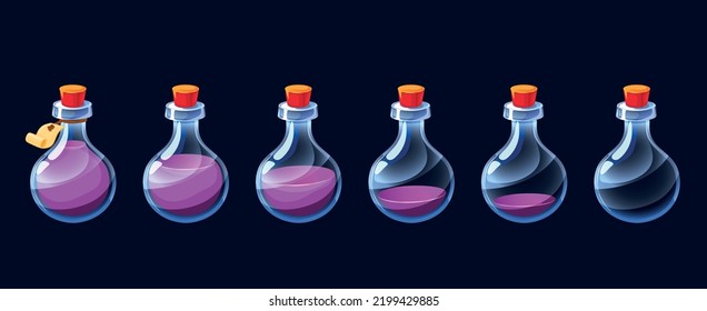 Empty potion flask. Cartoon game elixir usage sequence icon asset, colorful magic potion animation frames kit. Vector poison and antidote pictograms set. Full and empty bottles with liquid