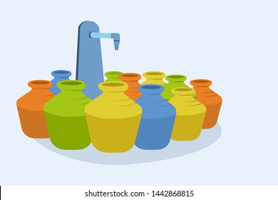 Empty pots infront of a public water tap. Concept for drinking water scarcity.