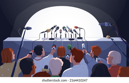 Empty press conference table with microphones. Backs of journalists, reporters audience with mics waiting for speaker. Official public meeting, news event with mass media. Flat vector illustration