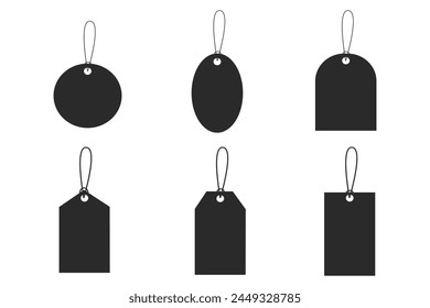 Empty price tags Vector. Blank black paper price or gift tags of various shapes. Template of price tags. Discount tags icon shapes of various shapes with rope for store.