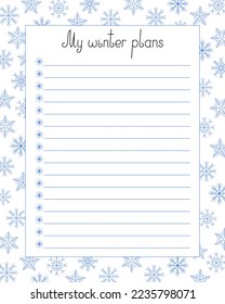 Empty printable list template for seasonal winter planning with snowflake decor vector illustration, things to do reminder, fill in template to organize any life event