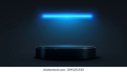 Empty Product Display Pedestal with Neon Light. Isolated Vector 3D Black Platform with Blue Neon Lighting, Symbolizing Futuristic and Modern Presentation for Creative Projects.