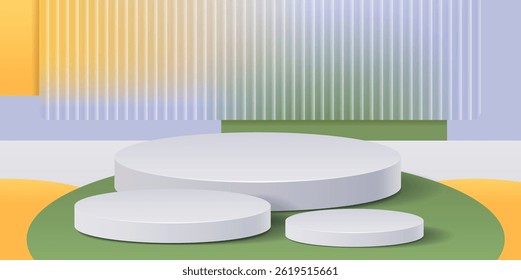 Empty product podium on minimalistic background with vertical stripes glass. Vector template illustration