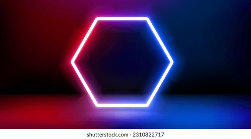 Leeres Produkt präsentieren und glänzen Neonrahmen. 3D-Vektorbanner mit Kopienraum