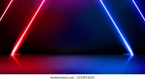 Empty product showcase and shining neon projectors. 3d vector illustration