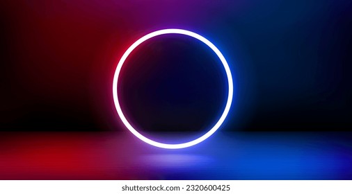 Leeres Produkt präsentiert und glänzt Neonkreis. 3D-Vektorbanner mit Kopienraum