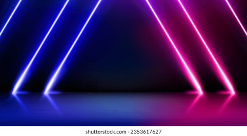 Empty product showcase and shining neon projectors. 3d vector illustration