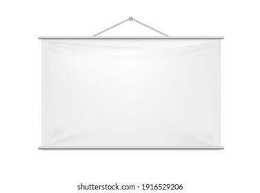 Empty Projection screen mockup. Vector 3d realistic. White template hanging on a rope. Rectangular horizontal blank with copy-space for branding advertising, conferences, exhibition, shows. EPS10.