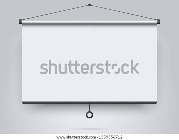 Empty projection screen on the wall\
background. Mock up template for your design. Concept of\
presentation board, advertising, blank whiteboard for conference\
and projects. Vector\
illustration