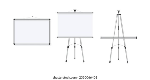 Empty Projection screen, Presentation board in realistic style. Horizontal roll up banner. Blank whiteboard for conference. Vector EPS 10.