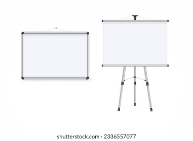 Empty Projection screen, Presentation board in realistic style. Horizontal roll up banner. Blank whiteboard for conference. Vector EPS 10.