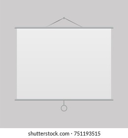 Empty projection screen, realistic portable white board hanging on wall with ring, blank whiteboard for conference, education, presentation, movie, vector mockup