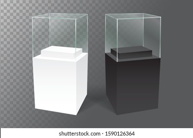 empty promotion glass showcase with black and white pedestal