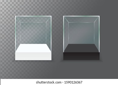 empty promotion glass showcase with black and white pedestal