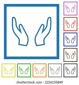 Empty protecting hands outline flat color icons in square frames on white background