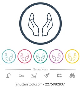 Empty protecting hands outline flat color icons in round outlines. 6 bonus icons included.