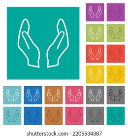 Leere, schützende Hände umreißen mehrfarbige Flachsymbole auf einfarbigem Hintergrund. Weiße und dunklere Icon-Variationen für Hover oder aktive Effekte.