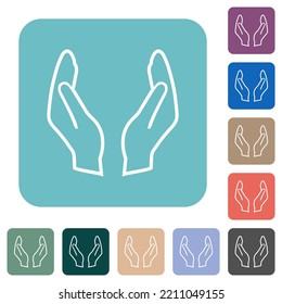Empty protecting hands outline white flat icons on color rounded square backgrounds