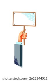 Sinal de protesto vazio. Mão segurando cartaz em branco pronto para mensagem personalizada. Conceito de manifestação, liberdade de expressão ou declaração pública. Ilustração de vetor plano isolada em fundo branco.
