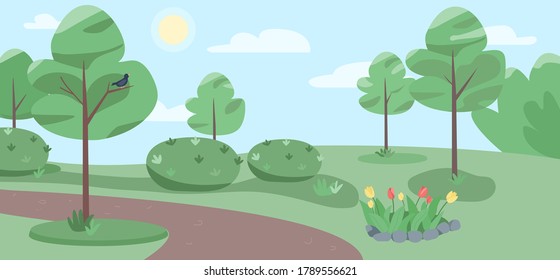 Empty public park flat color vector illustration. Beautiful garden 2D cartoon landscape with trees on background. Sunny day in parkland with no people. Place for relaxation, scenic nature