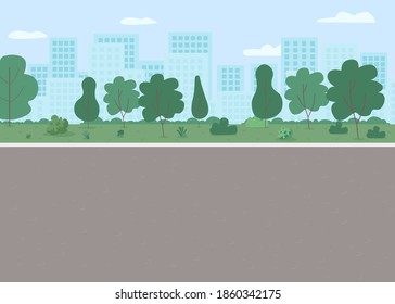 Empty public park flat color vector illustration. Street with no people. City road with lawn and trees. Town yard for recreation. Urban 2D cartoon landscape with skyscrapers on background