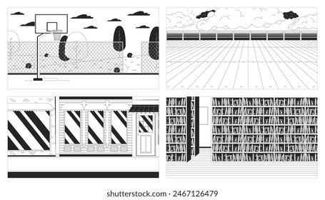 Empty public places black and white line illustration set. No people spaces 2D cityscape, landscape, interior monochrome background. Leisure and hobby scenes vector storytelling image collection