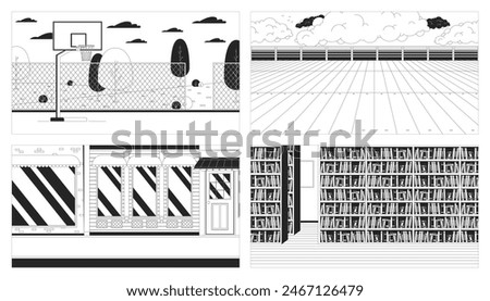 Empty public places black and white line illustration set. No people spaces 2D cityscape, landscape, interior monochrome background. Leisure and hobby scenes vector storytelling image collection