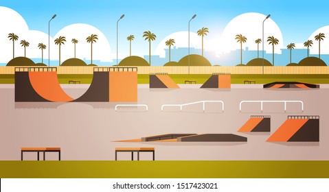 empty public skate board park with various ramps for skateboarding cityscape background flat horizontal