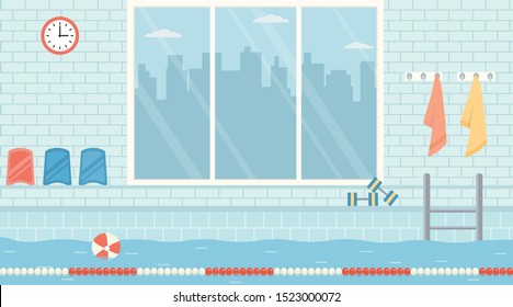 Empty Public Swimming Pool With Big Window. Flat Design Vector Illustration.