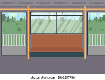 Empty public train flat color vector illustration. Inside commuter. Vehicle with chairs for passengers. Wagon vehicle, tram with seats. Transport 2D cartoon interior with window on background