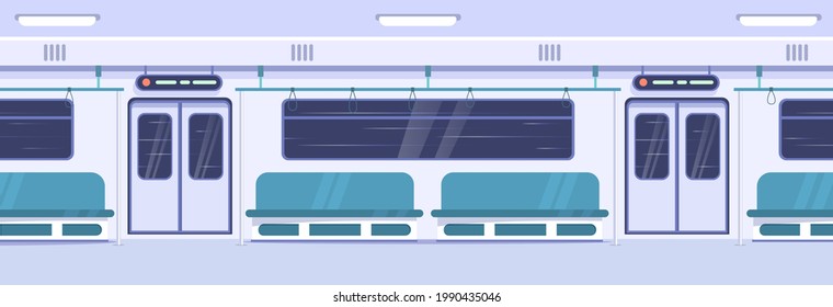 Empty public transport. City travel, urban journey vehicle service. Interurban bus, subway train with passenger seats, handrails, automatic doors and windows. Comfy transportation vector illustration