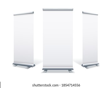 Empty Pull Ups Banners. Blank Pullup Banner Set, Isolated White Rolls Posters, Stand Board Mockups, Pulling Standing Templates For Business Advertising