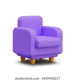Empty purple armchair with soft armrests. Furniture for comfortable seating and relaxation. Decor for living room, reception room. Realistic object, side view