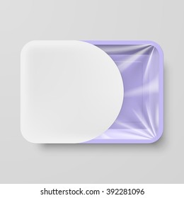 Empty Purple Plastic Food Container with White Label on Gray