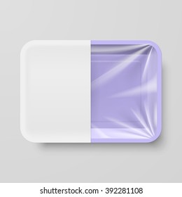 Empty Purple Plastic Food Container with White label on Gray Background