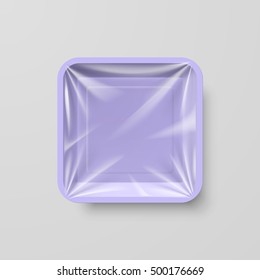 Empty Purple Plastic Food Square Container on Gray