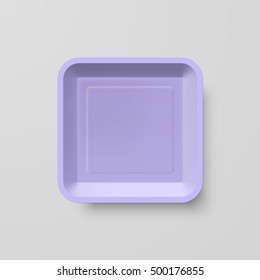 Empty Purple Plastic Food Square Container on Gray Background