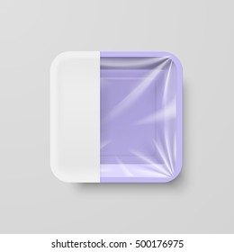 Empty Purple Plastic Food Square Container with White label