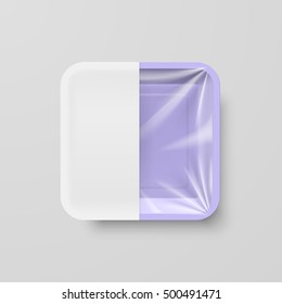 Empty Purple Plastic Food Square Container with White label on Gray Background