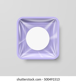 Empty Purple Plastic Food Square Container with Round Label